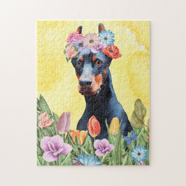 Doberman Hund med Flowers Vår Pussel (Vertikal)