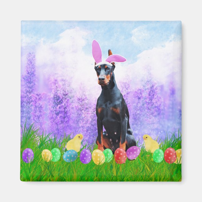 Doberman Hund med Påskägg Bunny Chicks Magnet (Framsidan)