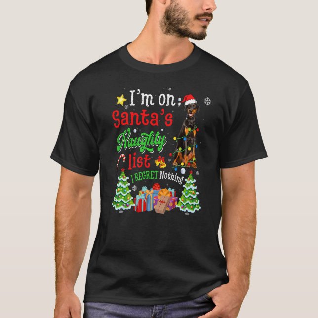 Doberman Hund på Santa's Naughty List Julafton T Shirt (Framsida)