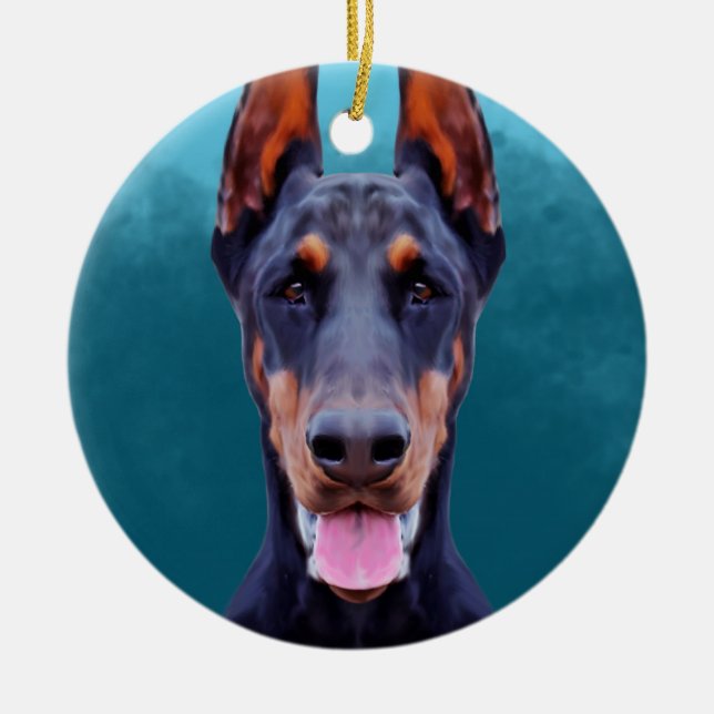Doberman Hund Porträtt Julgransprydnad Keramik (Framsidan)