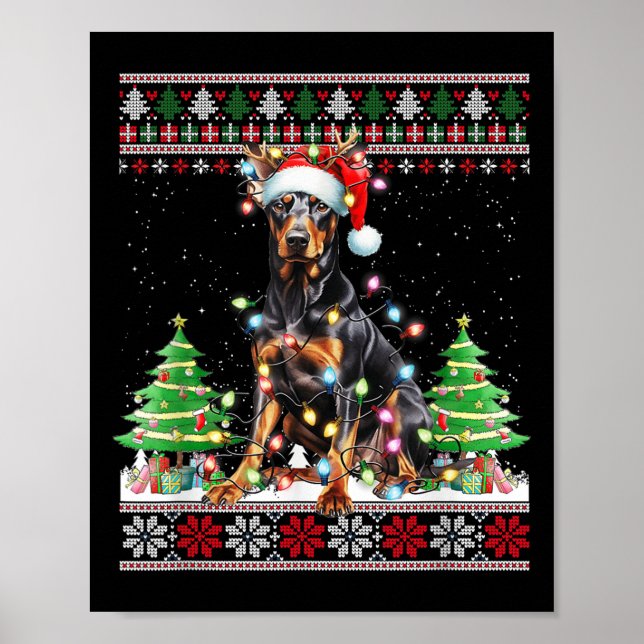 Doberman Hund Reindeer jul Ljus Poster (Framsidan)