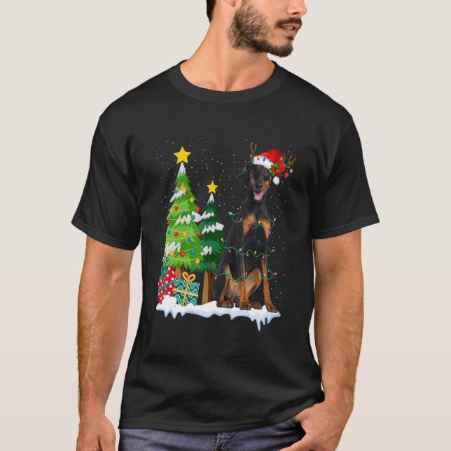 Doberman Hund Santa Hat Reindeer jul Ljus T Shirt (Framsida)
