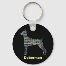 Doberman Hund Silhouette Gult & Black Grid Linjer Nyckelring