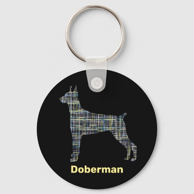 Doberman Hund Silhouette Gult & Black Grid Linjer Nyckelring (Framsida)