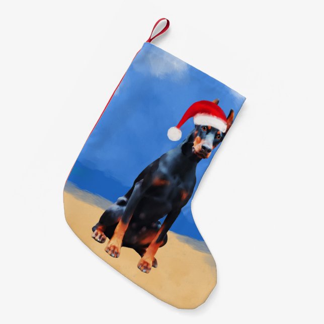 Doberman Hund Sitta vid Beach-julhatt Liten Julstrumpa (Framsidan (Hängande))