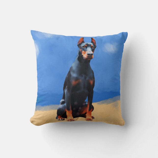Doberman Hund Sitta vid Beach Kudde (Framsida)