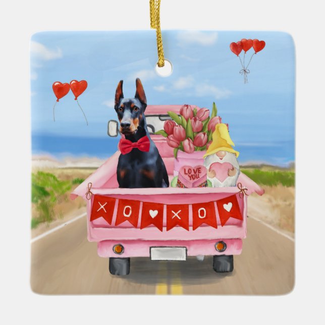 Doberman Hund Valentindagen Lastbil Hearts Julgransprydnad Keramik (Framsida)
