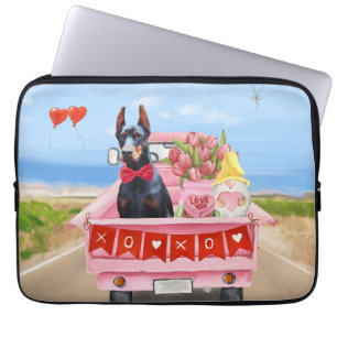 Doberman Hund Valentindagen Lastbil Hearts Laptop Fodral