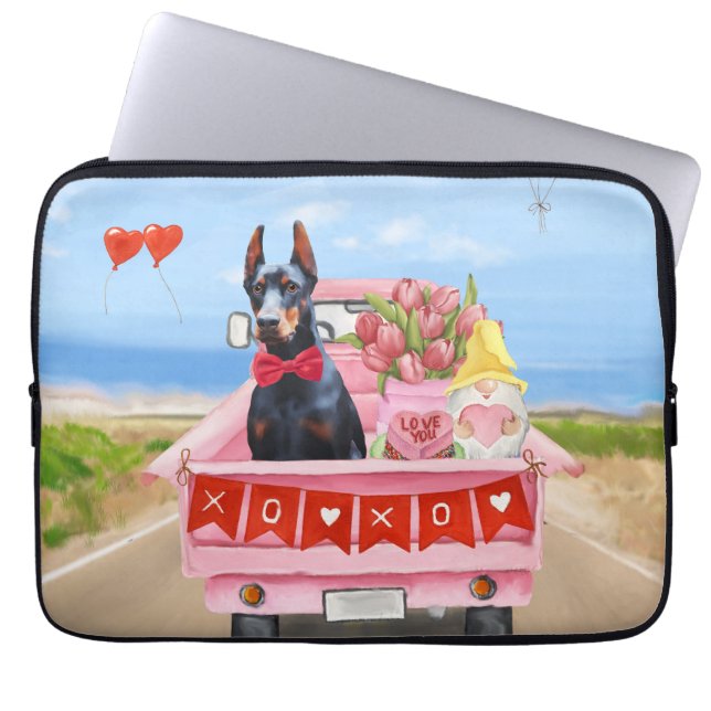 Doberman Hund Valentindagen Lastbil Hearts Laptop Fodral (Framsidan)