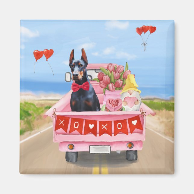 Doberman Hund Valentindagen Lastbil Hearts Magnet (Framsidan)