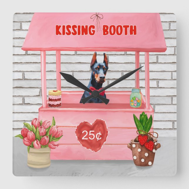 Doberman Hund Valentine Day Kissing Booth Fyrkantig Klocka (Framsida)