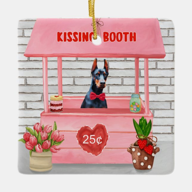 Doberman Hund Valentine Day Kissing Booth Julgransprydnad Keramik (Framsida)
