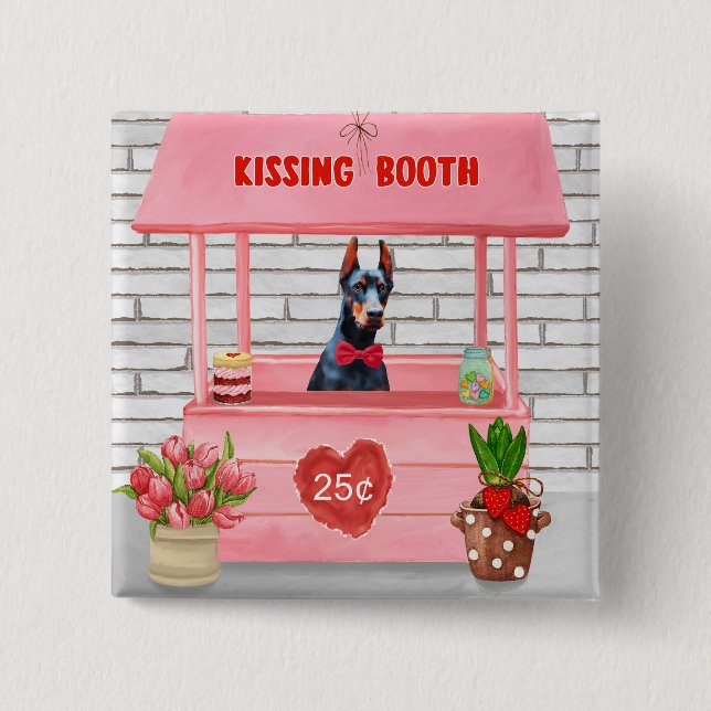 Doberman Hund Valentine Day Kissing Booth Knapp (Framsida)