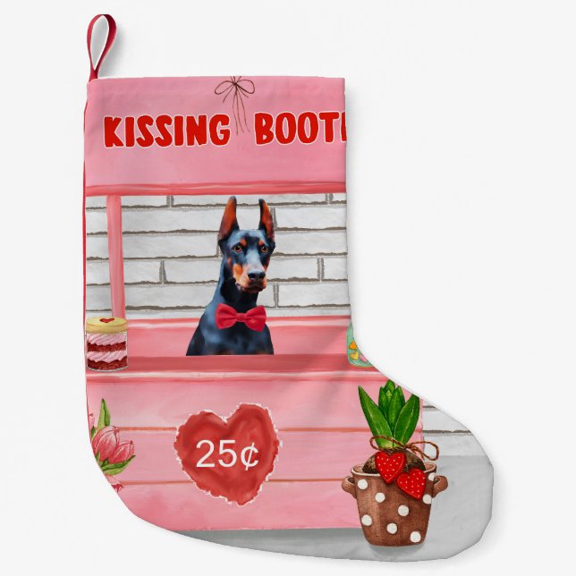 Doberman Hund Valentine Day Kissing Booth Liten Julstrumpa (Framsidan)