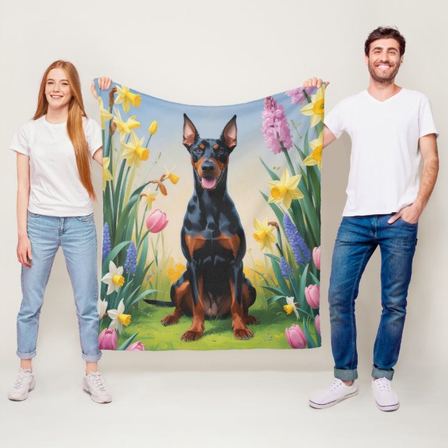Doberman Hund Vår blommor Painting Fleecefilt (På plats)