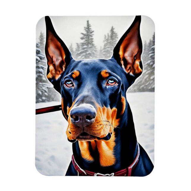 Doberman Hund Winter Impressionist och Hyperrealis Magnet (Vertikal)