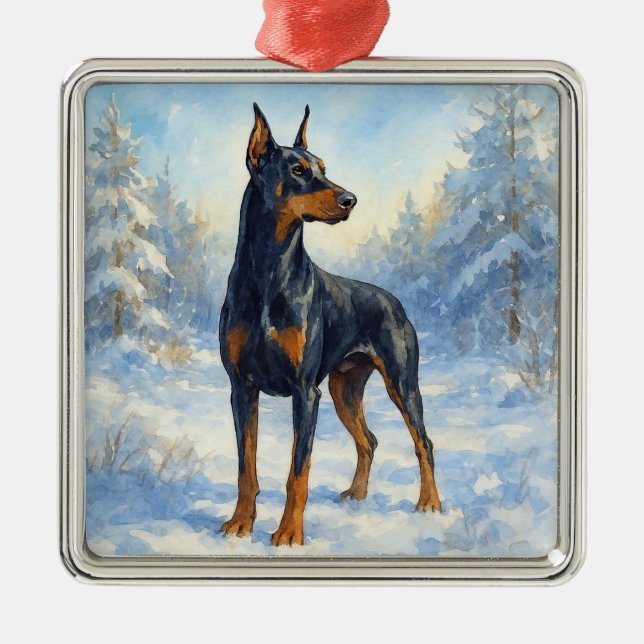 Doberman i Winter Snö Julgransprydnad Metall (Framsidan)