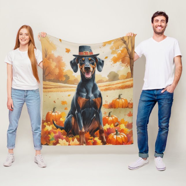 Doberman In Höst löv Thanksgiving Art Fleecefilt (På plats)