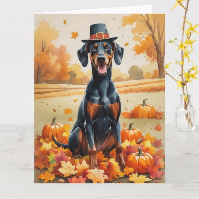 Doberman In Höst löv Thanksgiving Art Kort (Gul blomma)