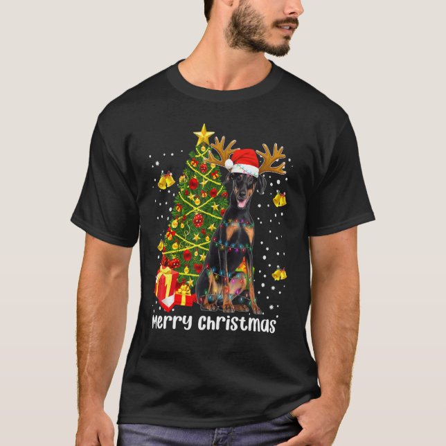 Doberman jul Ljus Träd Santa Julafton Dobie Do T Shirt (Framsida)