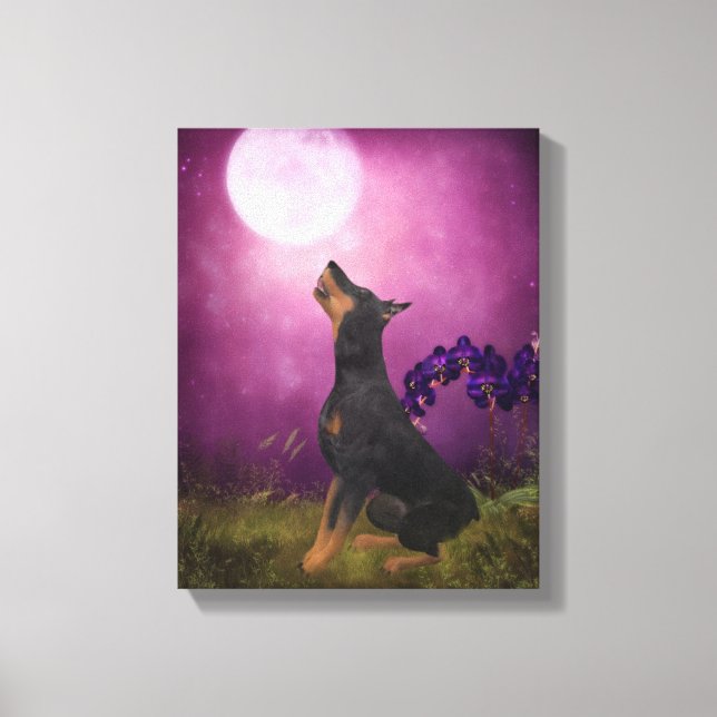Doberman Lila Fantasy Orchids Hund Art Canvastryck (Framsida)