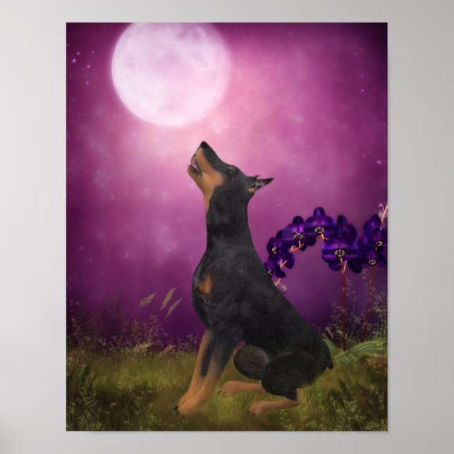 Doberman Lila Fantasy Orchids Hund Art Poster (Framsidan)