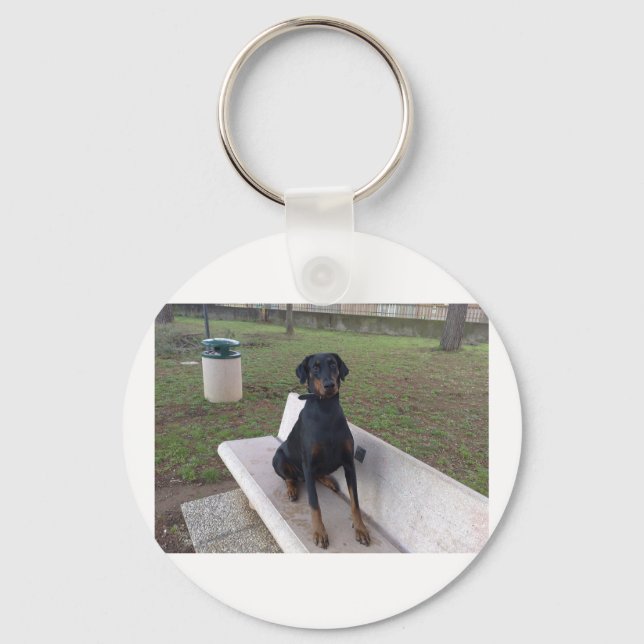 doberman pincher sitta.png nyckelring (Framsida)