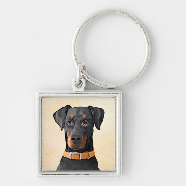 Doberman Pinscher beskärde målning originaltecknin Fyrkantig Silverfärgad Nyckelring (Framsidan)