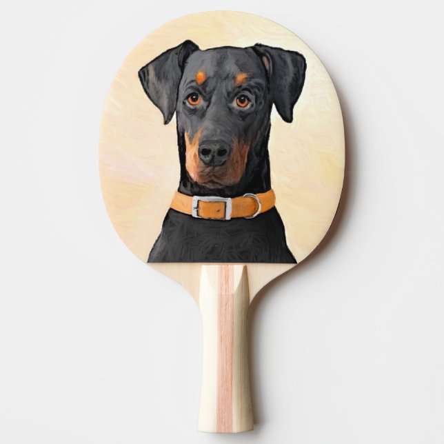 Doberman Pinscher beskärde målning originaltecknin Pingisracket (Framsidan)