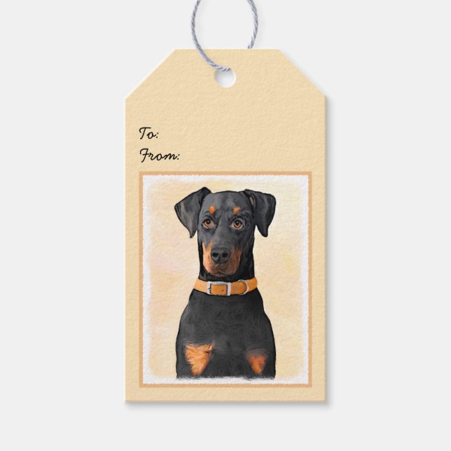 Doberman Pinscher beskärde målning originaltecknin Presentetikett (Framsidan)