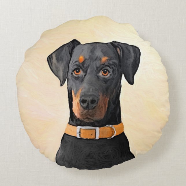 Doberman Pinscher beskärde målning originaltecknin Rund Kudde (Baksidan)