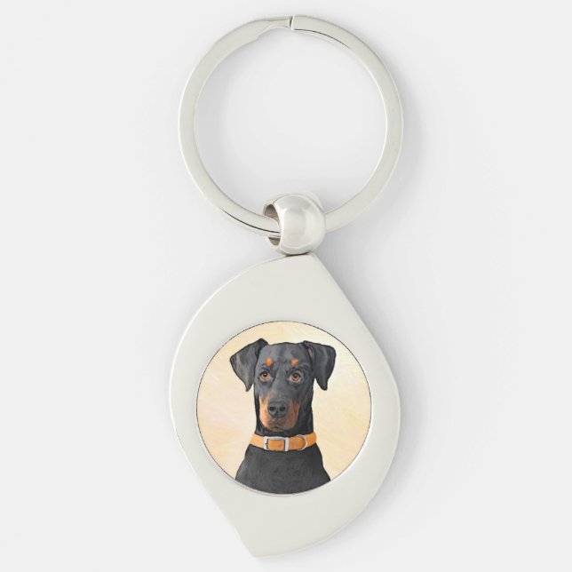 Doberman Pinscher beskärde målning originaltecknin Swirl Silverfärgad Nyckelring (Framsidan)