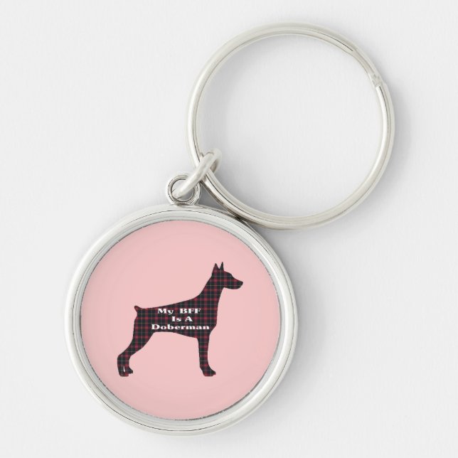 Doberman Pinscher BFF Rund Silverfärgad Nyckelring (Framsidan)