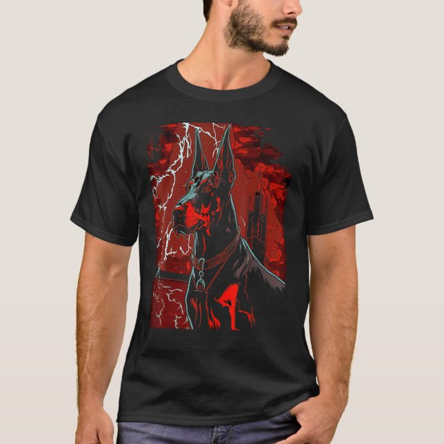 Doberman Pinscher Blixt Åska Post Apokalyps T Shirt (Framsida)
