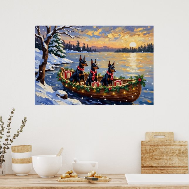 Doberman Pinscher Christmas Boat Holiday Poster (Kök)