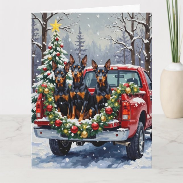 Doberman Pinscher Christmas Red Truck Holiday Kort (Framsida)