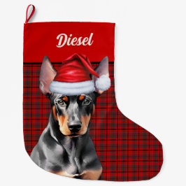 Doberman Pinscher Dog Holiday Plaid Personalized Stor Julstrumpa