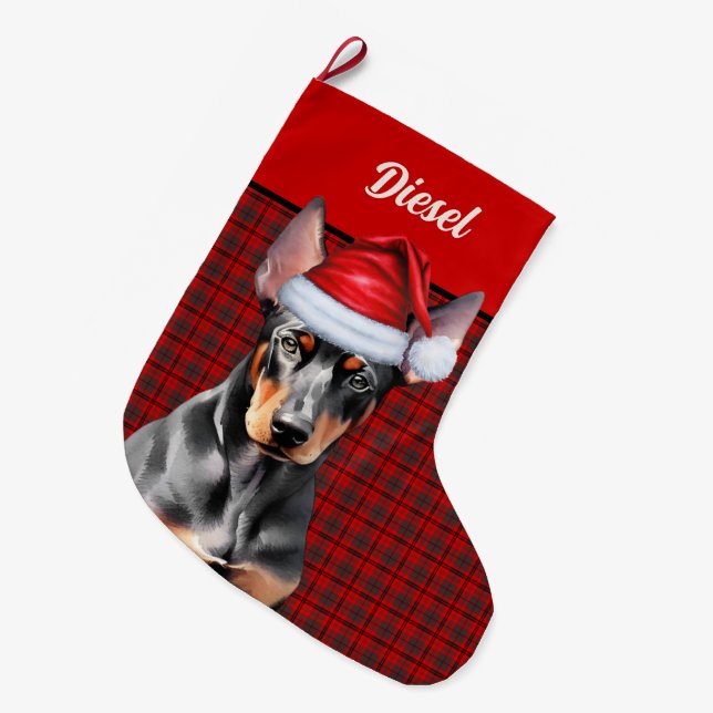 Doberman Pinscher Dog Holiday Plaid Personalized Stor Julstrumpa (Framsidan (Hängande))