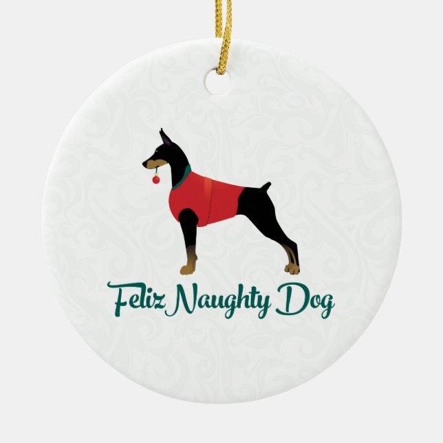 Doberman Pinscher Feliz Naughty Hund jul Julgransprydnad Keramik (Framsidan)