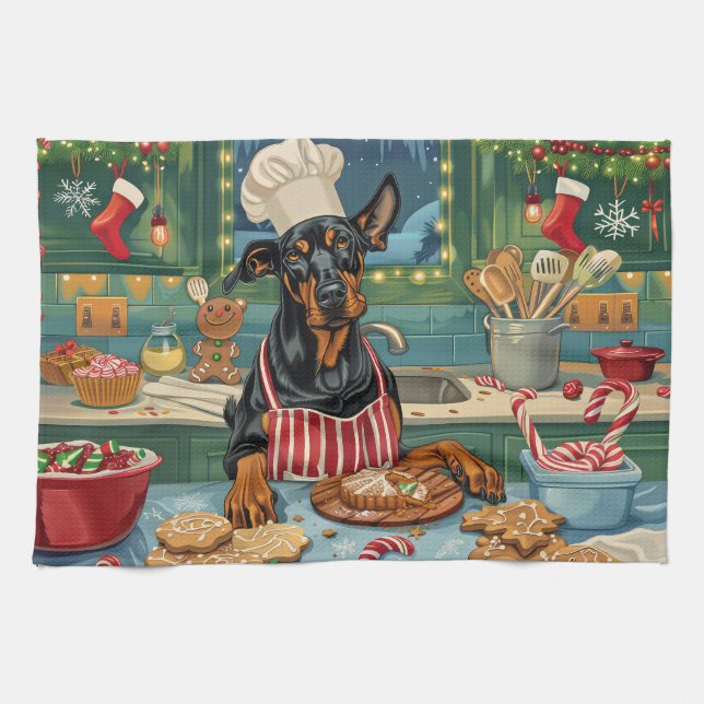 Doberman Pinscher Helgdag Baking Festive jul Kökshandduk (Horisontell)