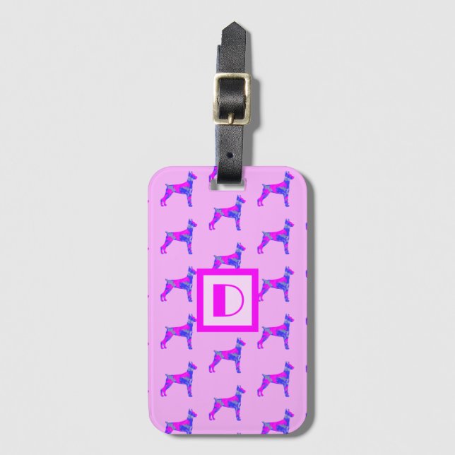 Doberman Pinscher Hund älskare Rosa & Blue Monogra Bagagebricka (Framsida vertikal)