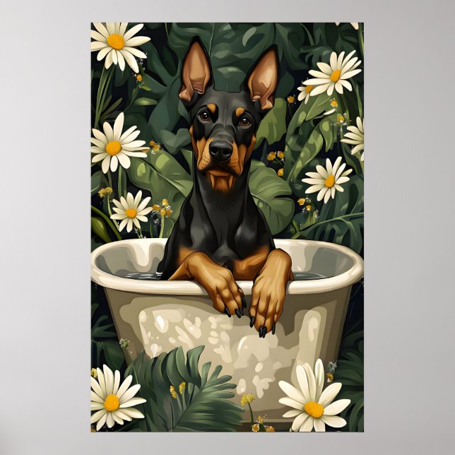 Doberman Pinscher In Bathtub Poster, Funny Dog Poster (Framsidan)