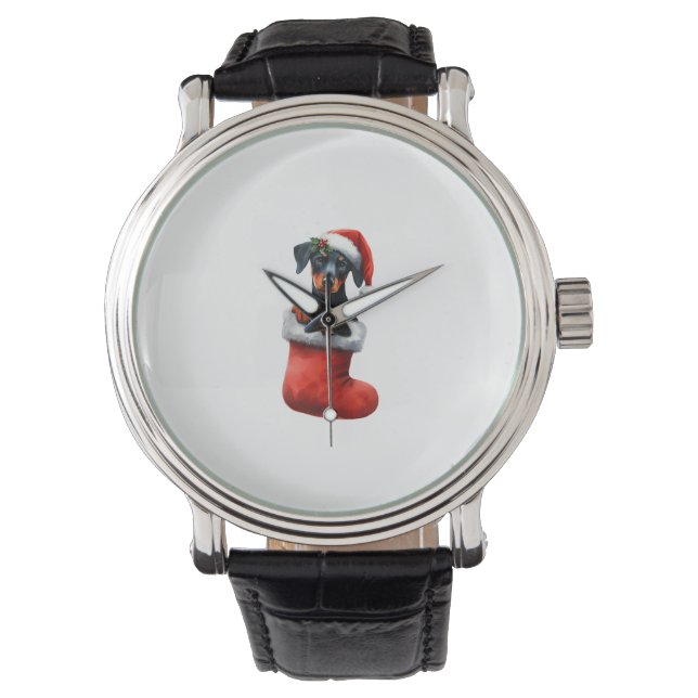 Doberman Pinscher in Sock jul Santa Hat Julafton Armbandsur (Framsida)