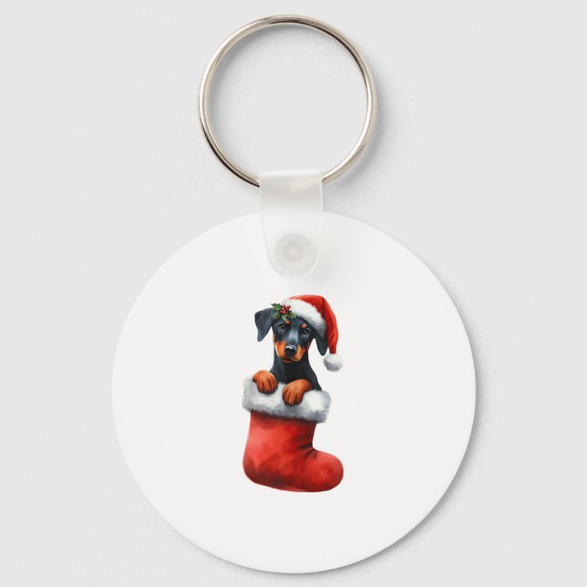 Doberman Pinscher in Sock jul Santa Hat Julafton Nyckelring (Framsida)