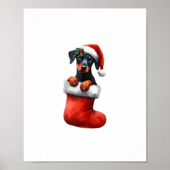 Doberman Pinscher in Sock jul Santa Hat Julafton Poster (Framsidan)
