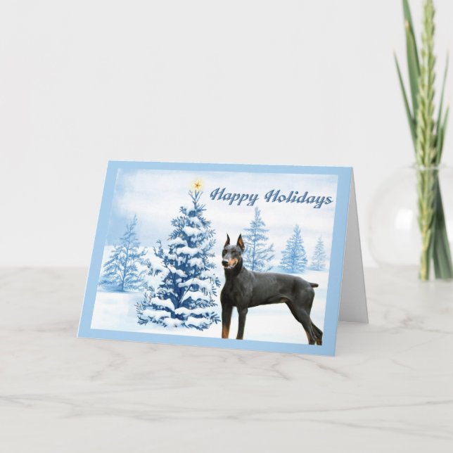 Doberman Pinscher-julkort blått Träd Helgkort (Framsida)