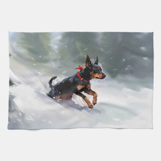 Doberman Pinscher-julvintern snö Kökshandduk (Horisontell)
