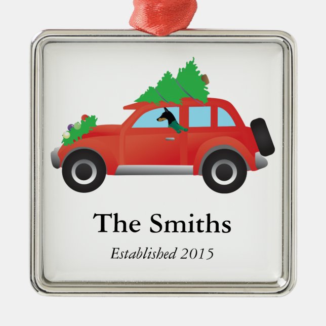 Doberman Pinscher kör bil w/Julgran Julgransprydnad Metall (Framsidan)