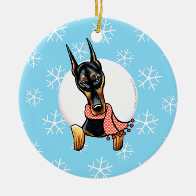 Doberman Pinscher Låt det snöa Julgransprydnad Keramik (Framsidan)