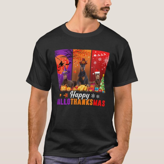 Doberman Pinscher Lycklig Hallothanksmas Halloween T Shirt (Framsida)